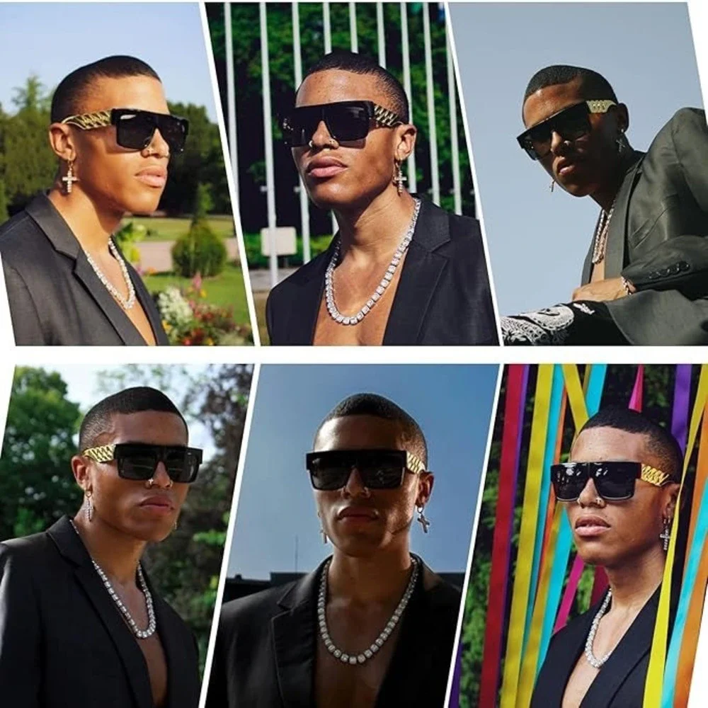 Flat Top Sunglasses Men Gold Hip Hop 80s 90s Style Cholo Dark Black UV400 Lentes